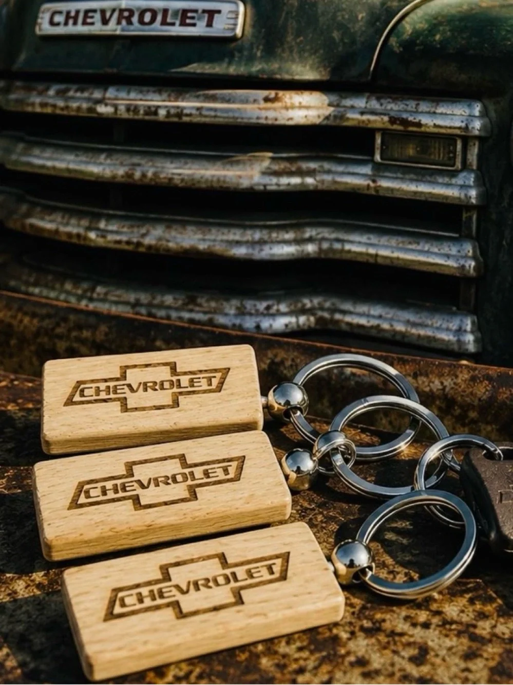 Set of 3 Chevrolet Engraved Wooden Key Chains - Natural Wood